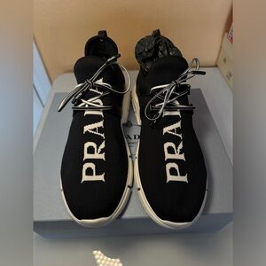 Prada Logo Black White Knit Sneakers Size 41 Women’s